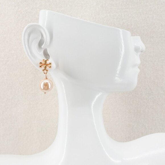 Tory Burch Faux Pearl Logo Drop Earrings Rose Gold OS - Picture 8 of 12